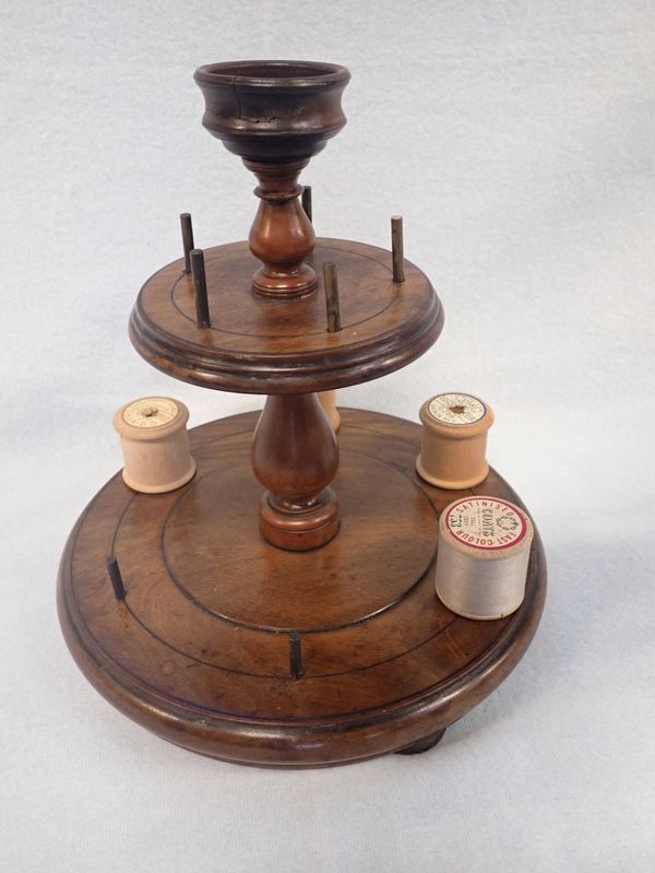 A VICTORIAN TREEN TURNED MAHOGANY COTTON REEL STAND