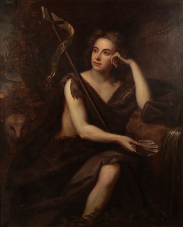 MANNER OF JONATHAN RICHARDSON SNR (1667–1745) A portrait of St. John the Baptist with lamb and oyster shell fountain