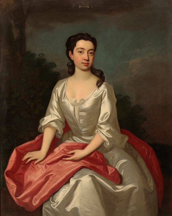 SIR GODFREY KNELLER (1646-1723) A portrait of a young lady wearing an oyster silk gown with a red sash