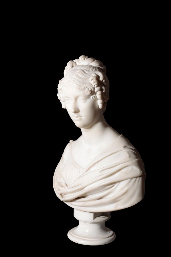 A REGENCY WHITE MARBLE BUST OF A MAIDEN,