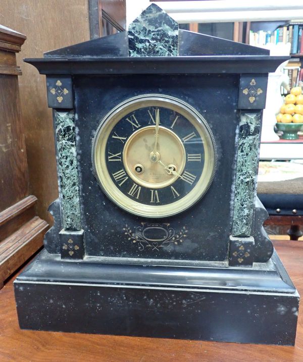 A VICTORIAN SLATE MANTEL CLOCK, WITH FRENCH MOVEMENT