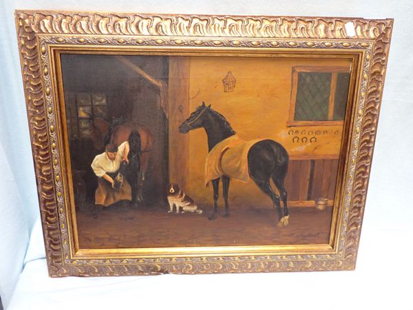 A NAIVE OIL PAINTING OF A HORSE BEING SHOD 'MY TURN NEXT'