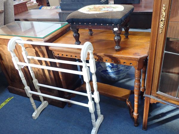 A VICTORIAN FOOTSTOOL WITH WOOLWORK TOP , AN AESTHETIC OAK OCCASIONAL TABLE