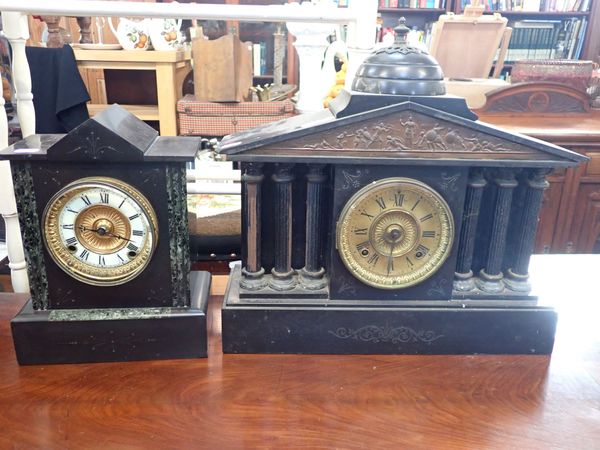 A VICTORIAN SLATE MANTEL CLOCK OF GRECIAN TEMPLE FORM