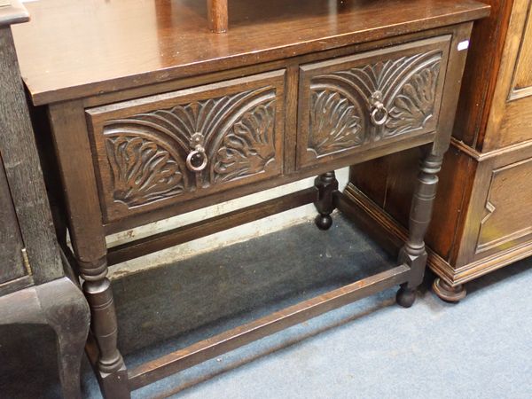 A JACOBEAN STYLE OAK SIDE TABLE, FITTED TWO DRAWERS