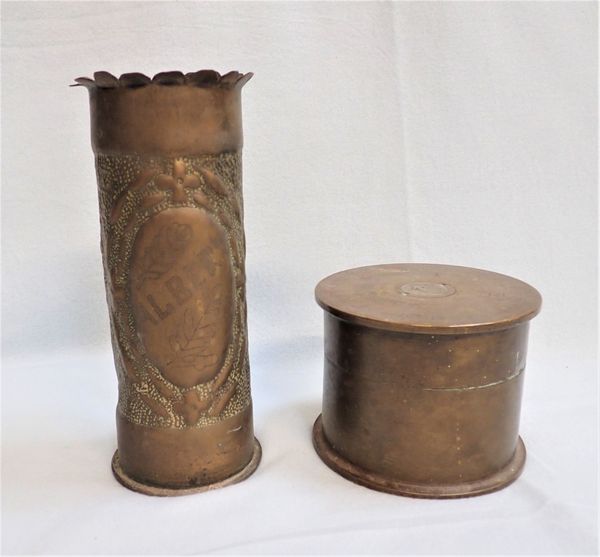 A TRENCH ART SHELL VASE, EMBOSSED 'ALBERT' 22 cm high
