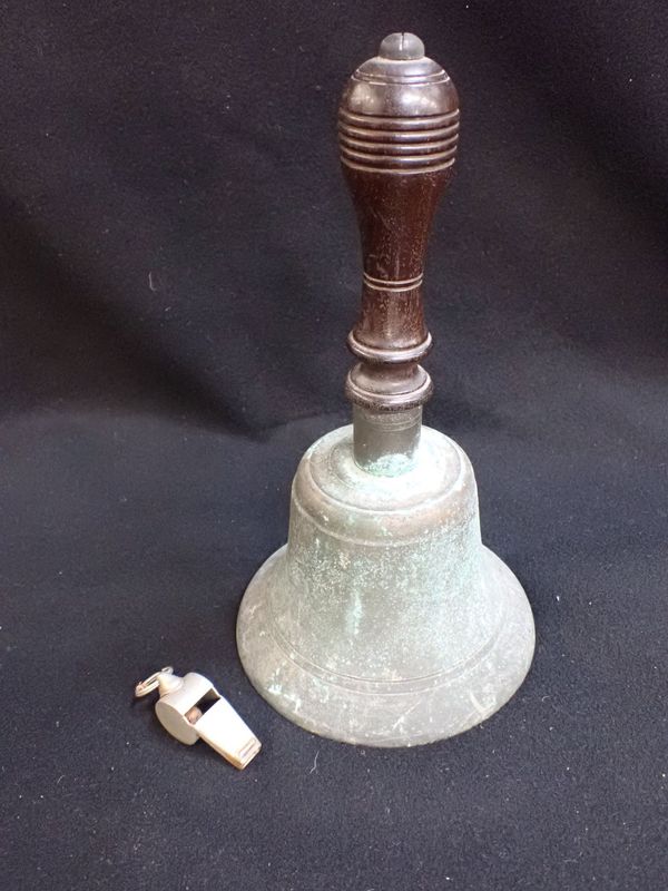 A HAND BELL WITH TURNED WOODEN HANDLE 27 cm high