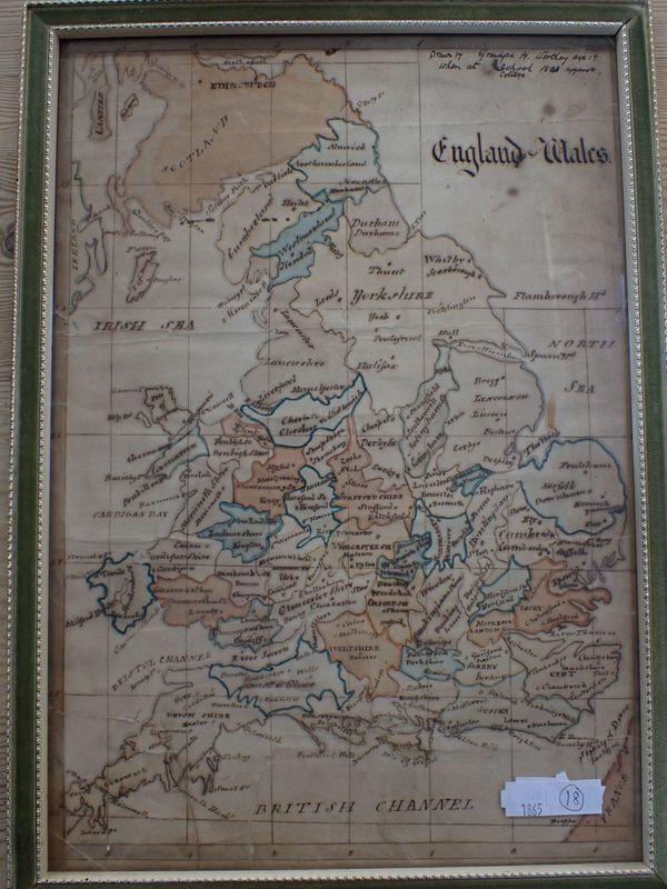 A MID 19TH CENTURY SCHOOLBOY'S HAND DRAWN MAP OF ENGLAND,