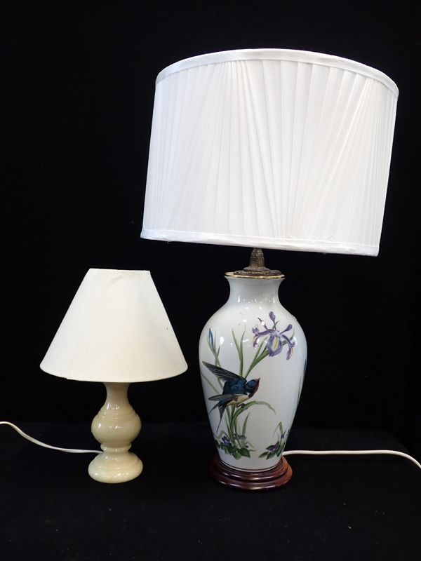 A CERAMIC 'VASE' LAMP DECORATED WITH BIRDS AND FLOWERS
