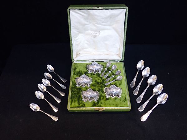 A CASED SET OF FRENCH SILVER-PLATED SALTS AND SPOONS