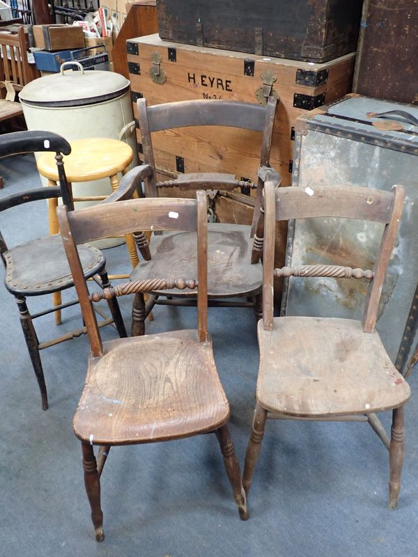 A PAIR OF 19TH CENTURY ELM SEATED KITCHEN CHAIRS
