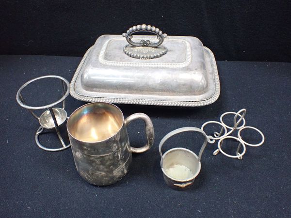 A SILVER PLATED HANDLED POT WITH "RAF" INSIGNIA
