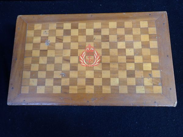A MARQUETRY ON OAK BOX, WITH PAINTED INSIGNIA 'R.N.B' BETWEEN A CROWN AND ANCHOR, WITHIN A WREATH