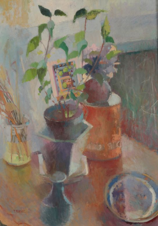 TESSA PESKETT (Contemporary) Still life study of a plant and other items on a counter top