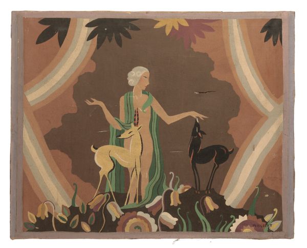 *M. HILBERT (20th Century) An Art Deco style study of a lady feeding deer