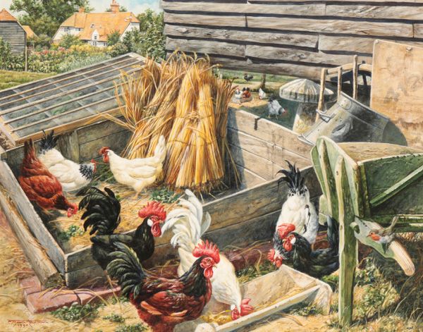 *BRYAN HANLON (B. 1956) Chickens in a farmyard