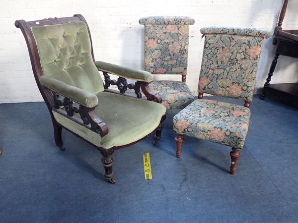 A VICTORIAN MAHOGANY FRAMED OPEN ARMCHAIR, WITH 'GOTHIC' DETAIL