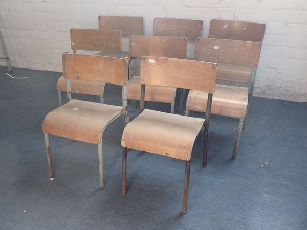 EIGHT VINTAGE TUBULAR STEEL AND PLYWOOD SCHOOL CHAIRS