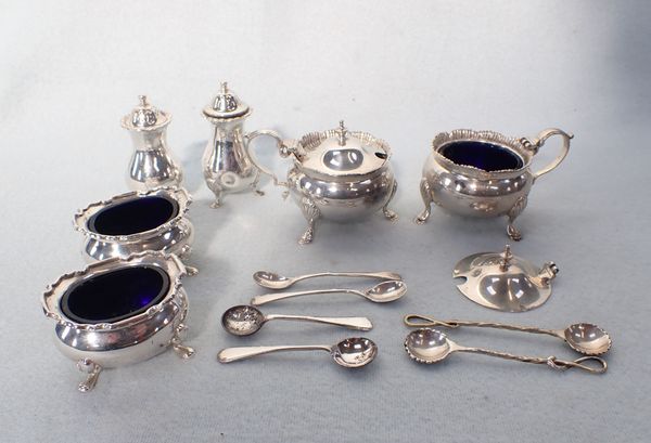 A PAIR OF SILVER SALTS, AND OTHER SILVER CRUET ITEMS