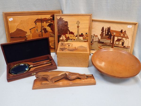 A CARVED WOODEN JAGUAR, THREE MARQUETRY PICTURES