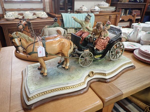 A LARGE CAPODIMONTE GROUP, A CARRIAGE AND PAIR
