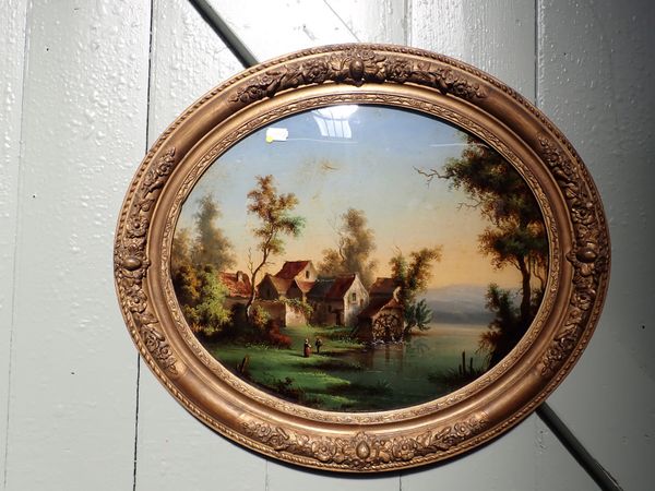 A VICTORIAN REVERSE GLASS PAINTING, ON OVAL CONVEX GLASS