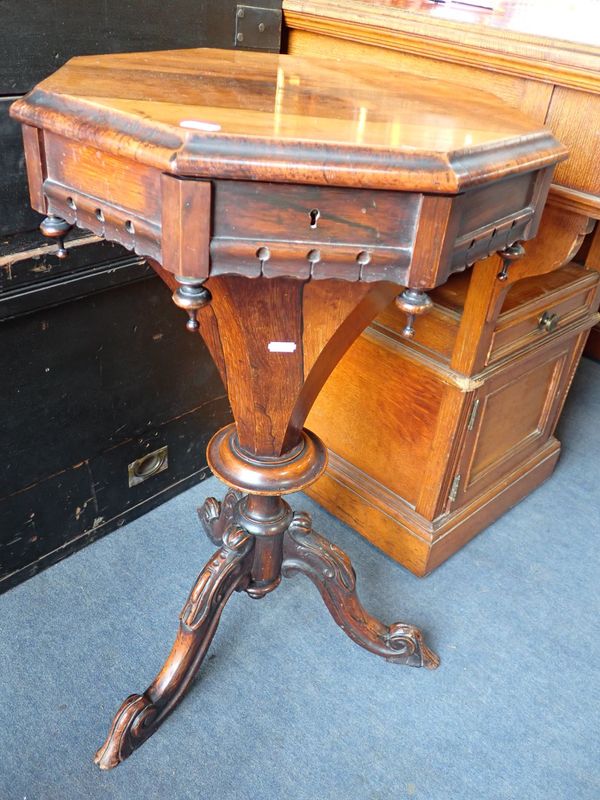 A VICTORIAN OCTAGONAL ROSEWOOD WORK TABLE