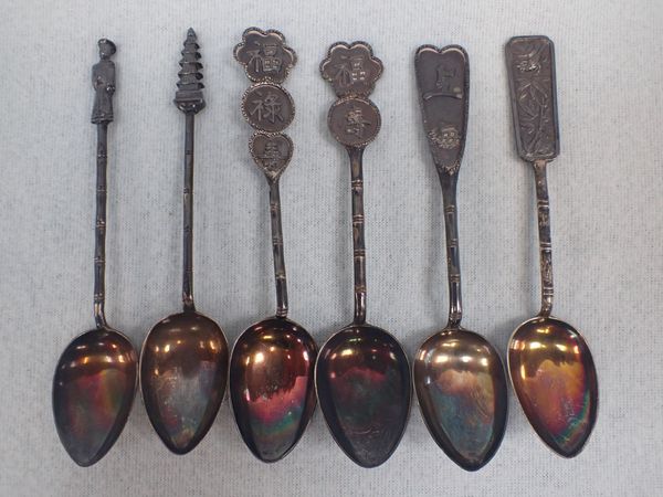 SIX CHINESE SILVER AND SILVER PLATED SPOONS