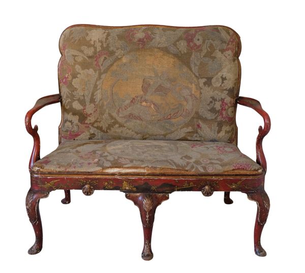 A QUEEN ANNE STYLE RED JAPANNED AND TAPESTRY UPHOLSTERED SETTEE, EARLY 20TH CENTURY