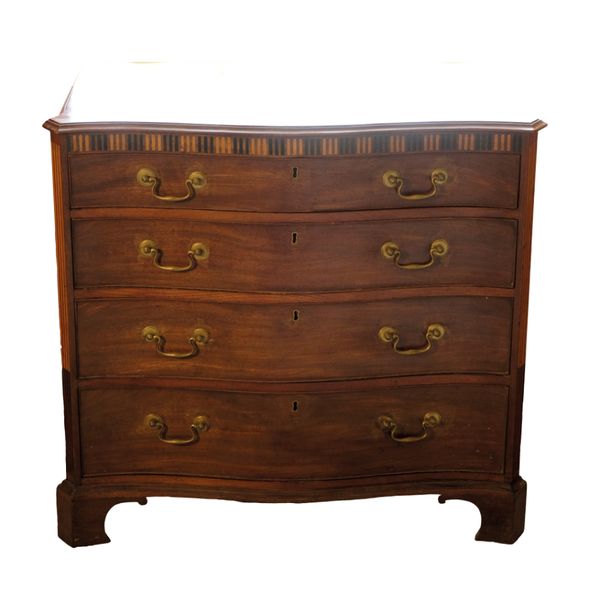 A GEORGE III MAHOGANY AND INLAID SERPENTINE COMMODE, CIRCA 1770