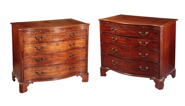 AN IMPORTANT PAIR OF GEORGE III MAHOGANY SERPENTINE CHESTS OF DRAWERS