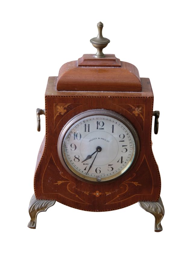 AN EDWARDIAN WALKER & HALL INLAID MAHOGANY BRACKET CLOCK