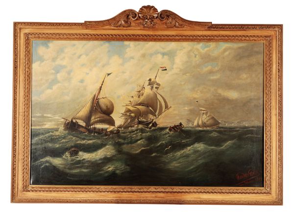 DUTCH SCHOOL, 19TH CENTURY Shipping off the coast in full sail on squally seas