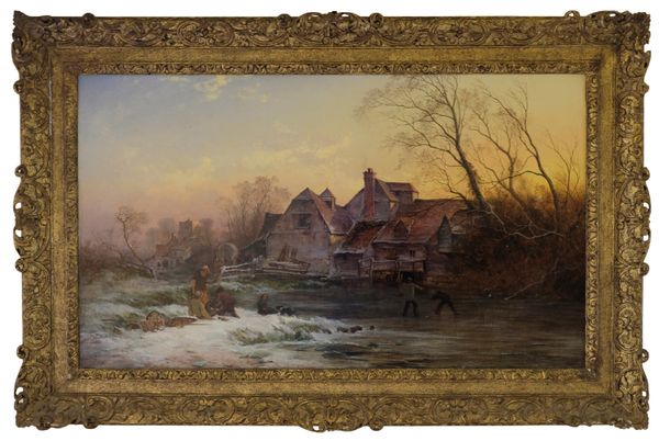 ENGLISH SCHOOL, 19TH CENTURY A river landscape with figures skating on a frozen millpond