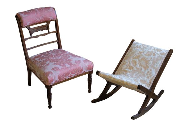 A MAHOGANY AND UPHOLSTERED CHILDS CHAIR