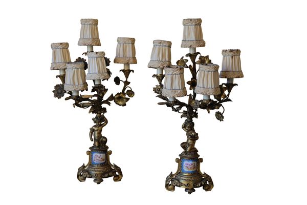 A PAIR OF LOUIS XV STYLE “ORMOLU” AND “SEVRES PORCELAIN” TABLE CANDELABRA