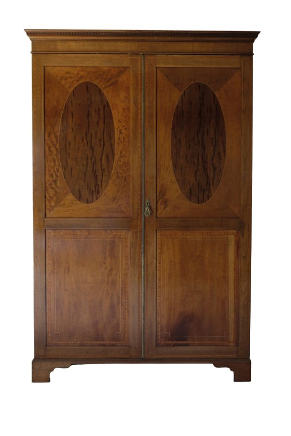 AN EDWARDIAN SHERATON REVIVAL INLAID MAHOGANY WARDROBE