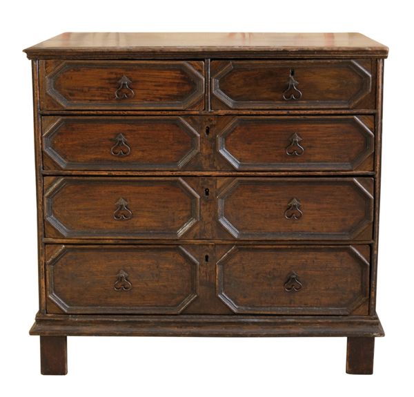 A CHARLES II OAK CHEST OF DRAWERS,