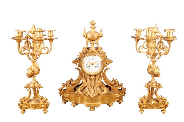 A LOUIS XV STYLE GILT METAL GARNITURE DU CHEMINEE,