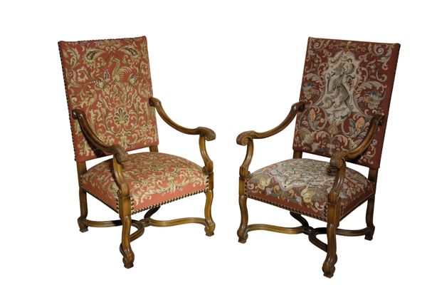 A "PAIR" OF WILLIAM AND MARY STYLE WALNUT ARM CHAIRS