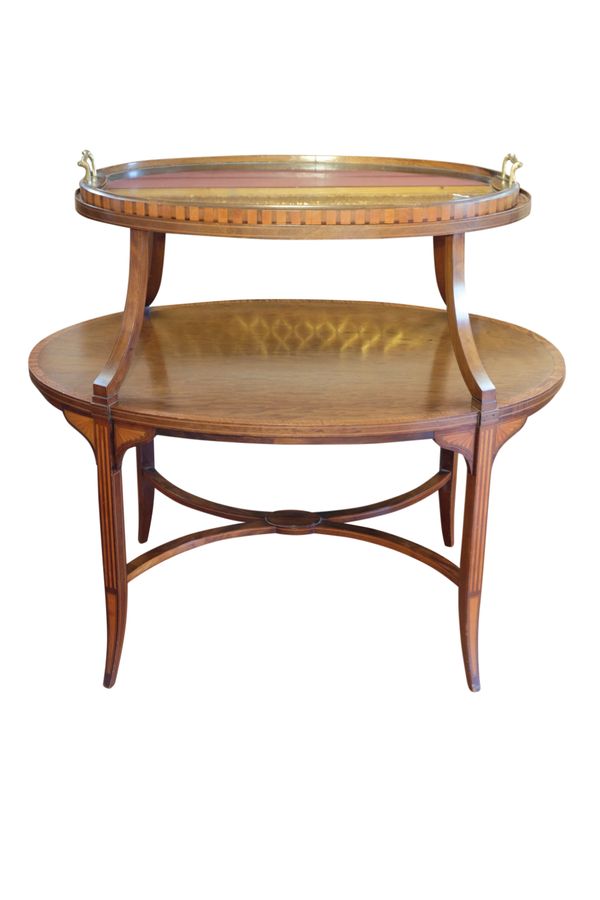 AN EDWARDIAN SHERATON REVIVAL INLAID MAHOGANY OVAL ETAGERE