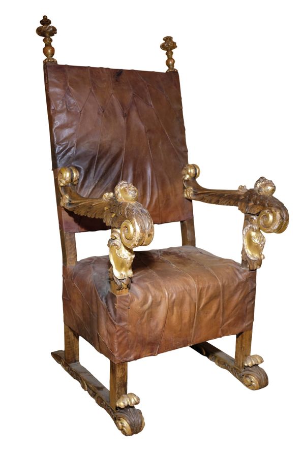 A RENAISSANCE STYLE WALNUT AND PARCEL GILT THRONE CHAIR, LATE 19TH CENTURY