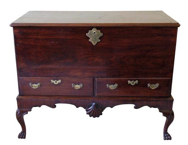 A GEORGE II IRISH MAHOGANY COFFER ON STAND,