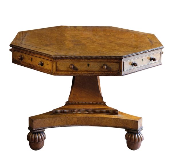 A REGENCY HEXAGONAL BURR OAK LIBRARY TABLE,