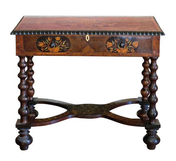 A WILLIAM AND MARY STYLE OYSTER WALNUT AND FLORAL MARQUETRY SIDE TABLE,