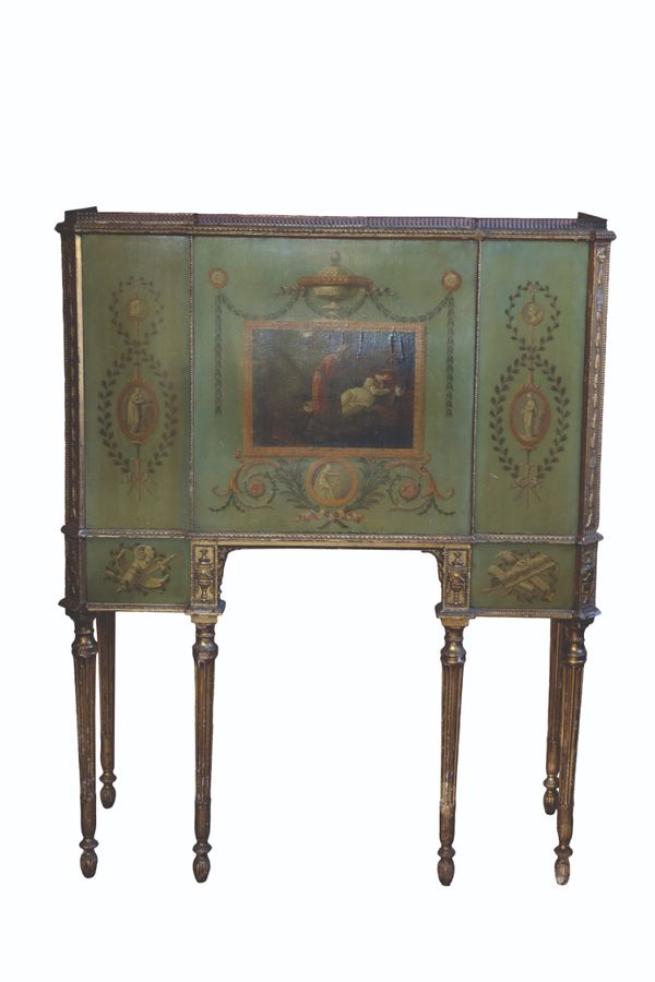 AN IMPORTANT GEORGE III POLYCHROME DECORATED BLUE GROUND AND PARCEL GILT CABINET ON STAND