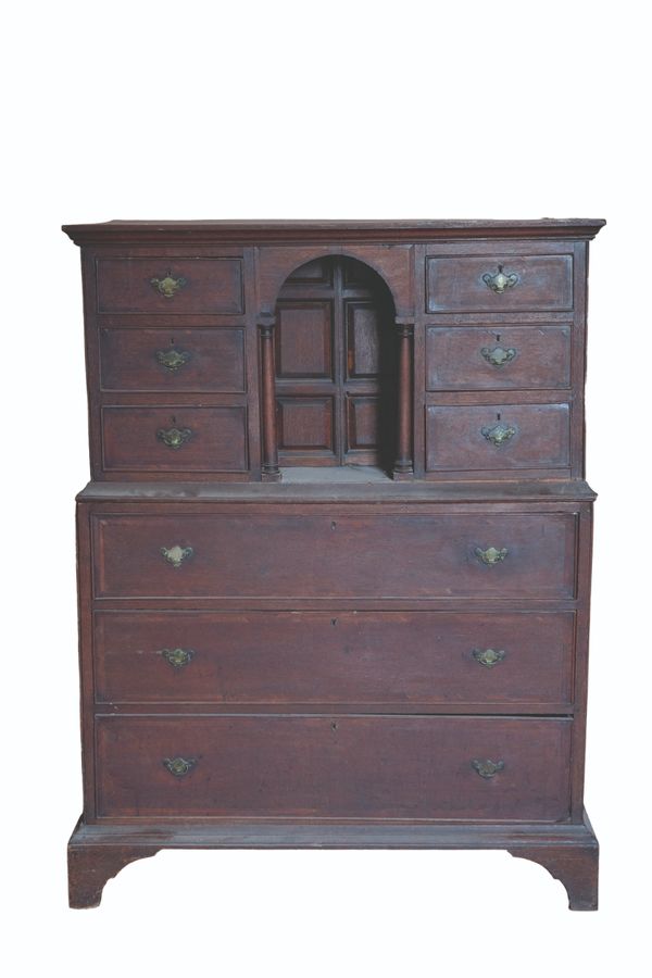 A GEORGE II OAK  AND FRUITWOOD BANDED ARCHITECTURAL CHEST ON CHEST,