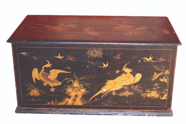 A GEORGE II BLACK JAPANNED CHINOISERIE COFFER