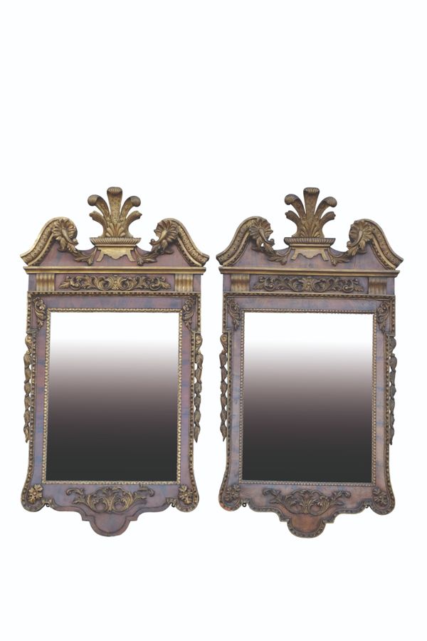 A PAIR OF GEORGE II STYLE WALNUT AND PARCEL-GILT WALL MIRRORS