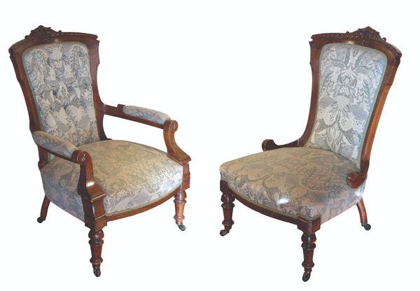 A GOOD PAIR OF VICTORIAN LADY'S AND GENTLEMAN'S ARMCHAIRS,